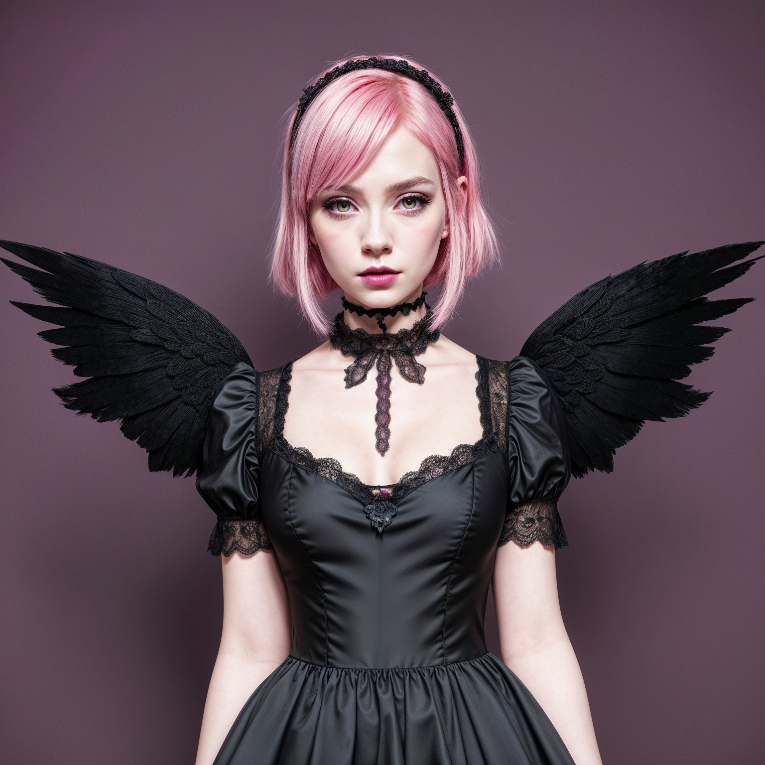 Young woman in black dress with angel wings and pink hair
