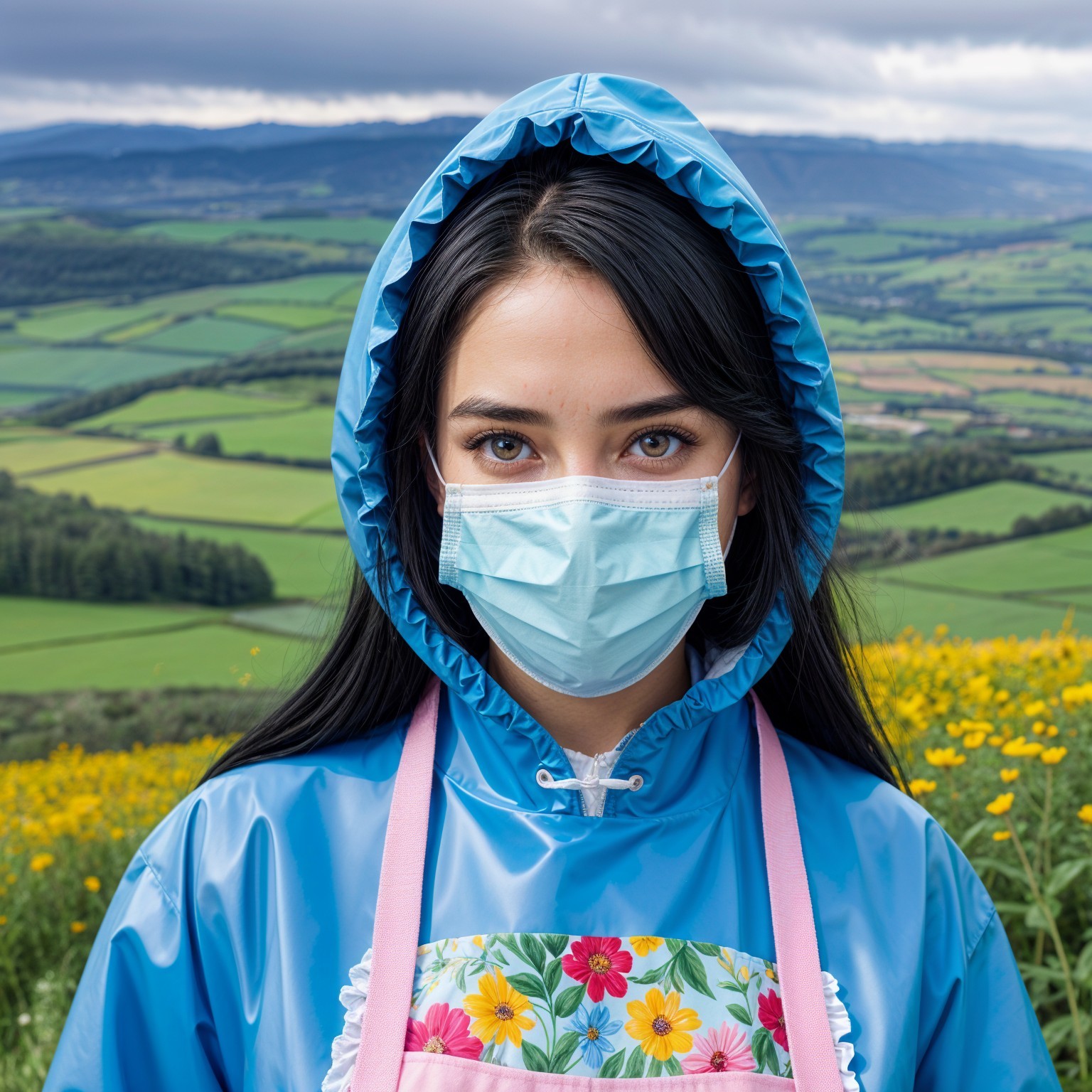 Young woman in blue jacket in green landscape scene