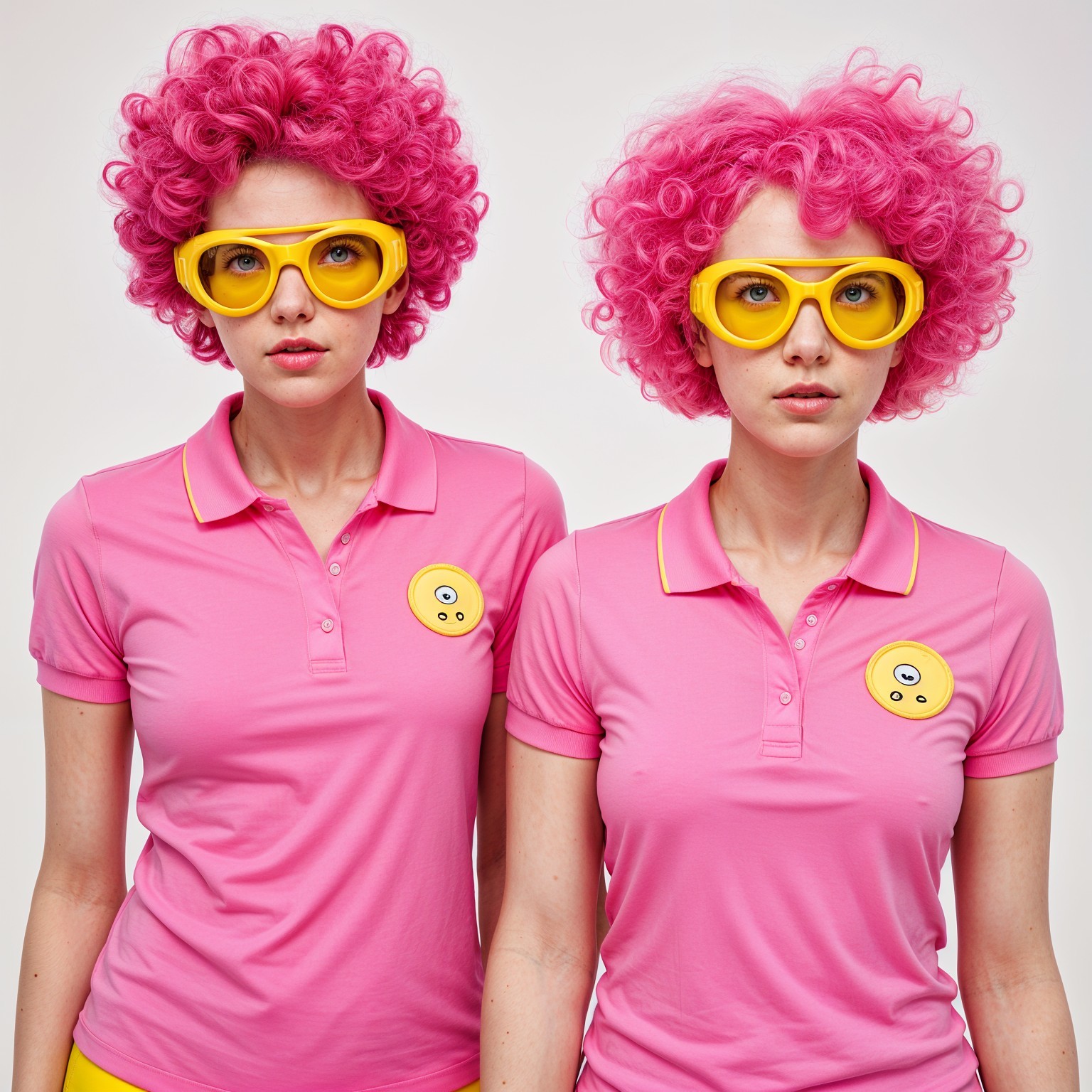 Two women in matching pink outfits with curly hairstyles