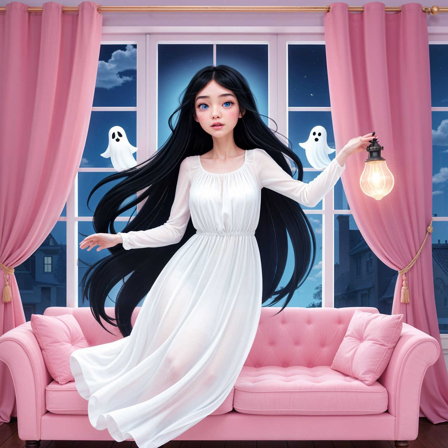 Whimsical Scene of Girl in Pink Room with Lantern