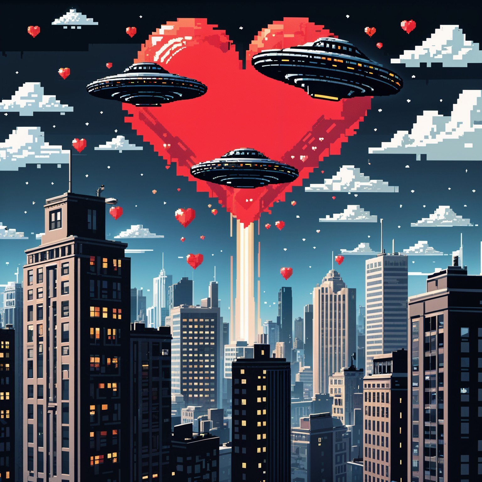 UFOs Over Urban Landscape with Heart and Clouds