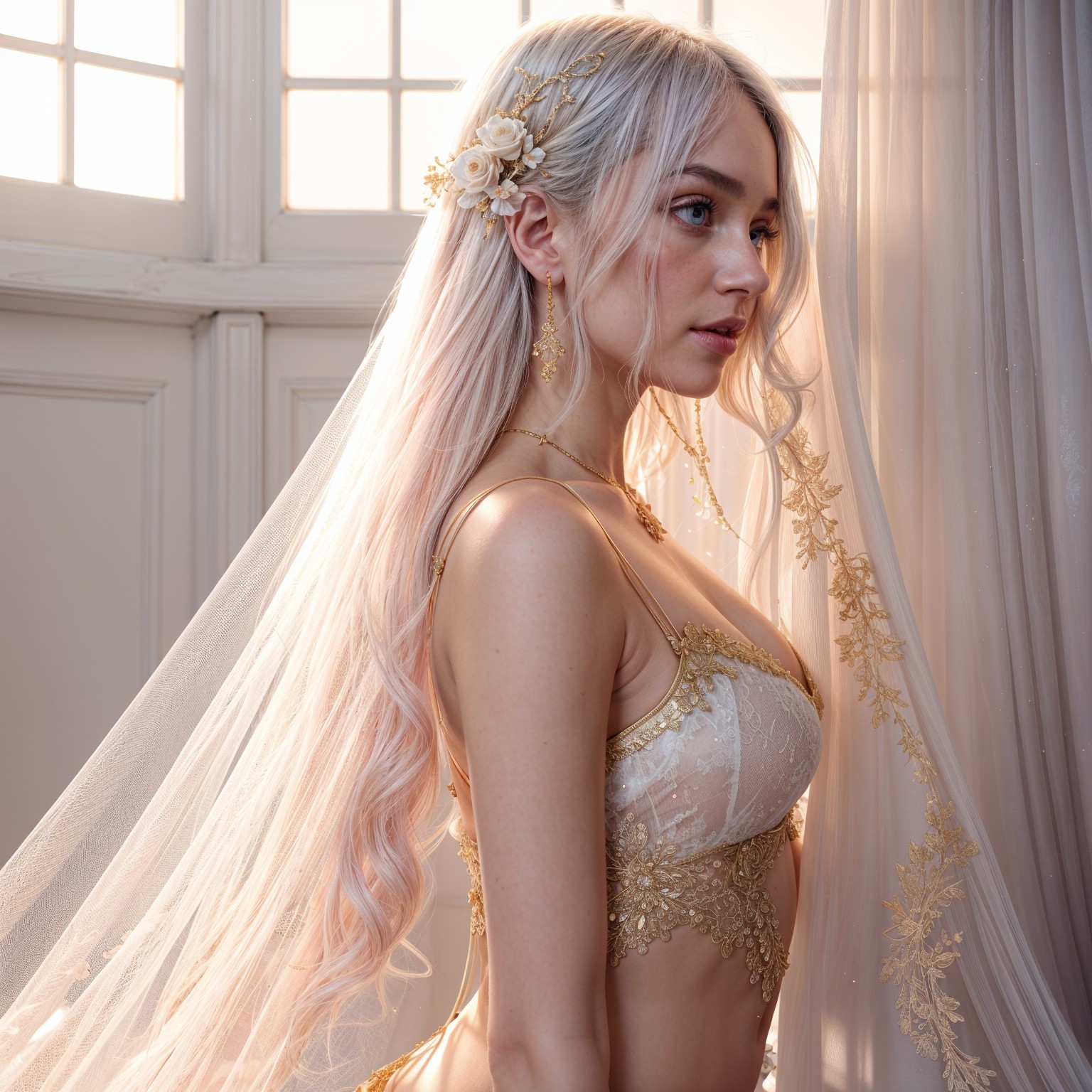 Young woman with platinum hair and floral veil