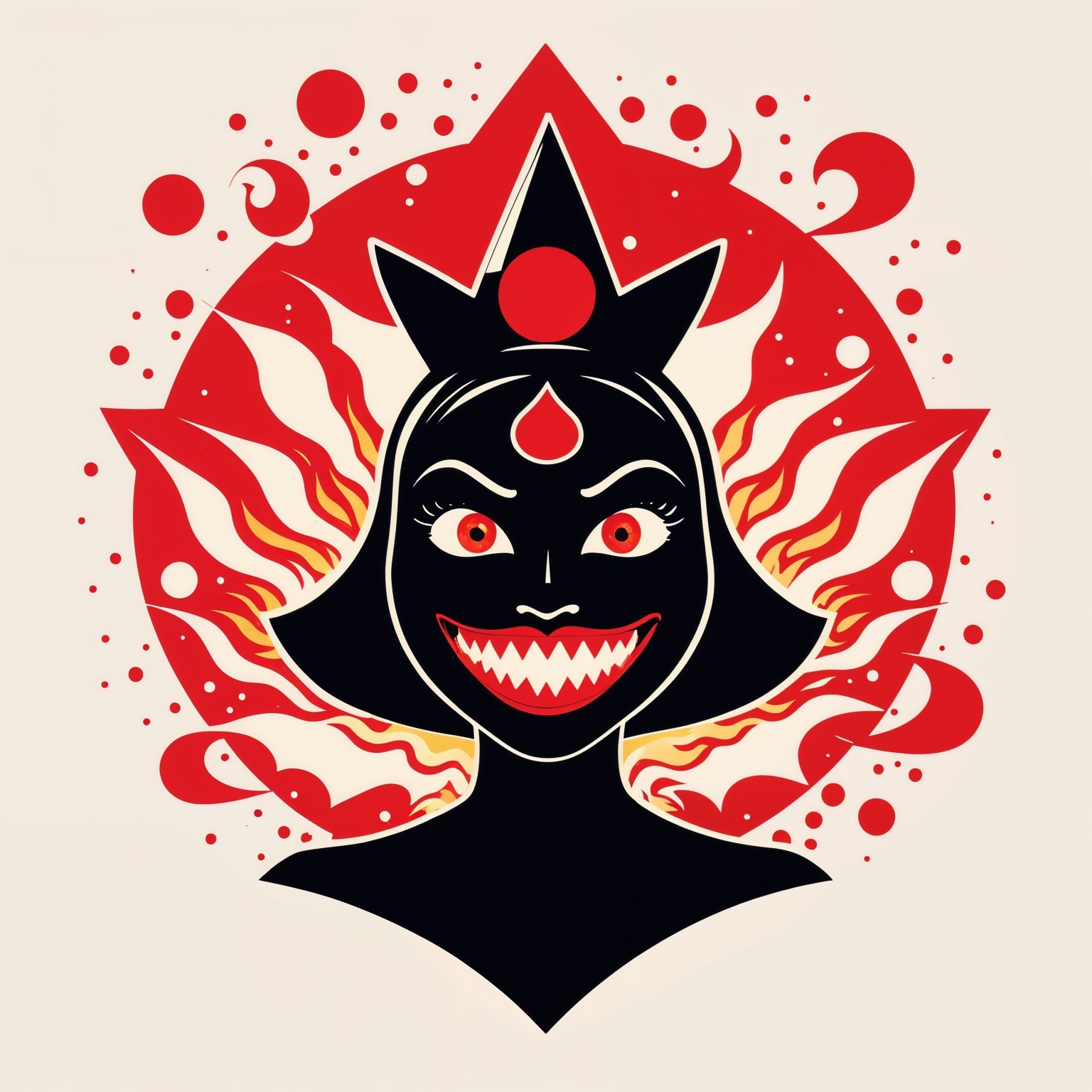 Stylized Female Figure with Crown and Fiery Background