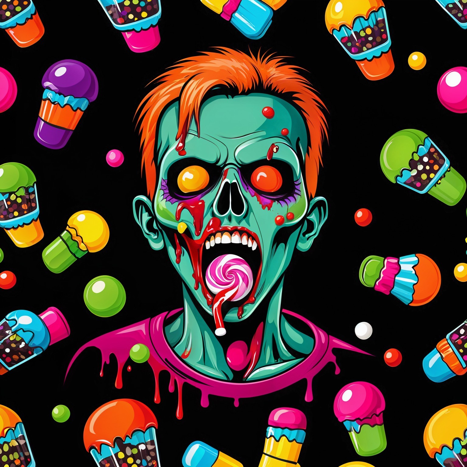 Vibrant Cartoon Zombie with Candy and Ice Cream Elements