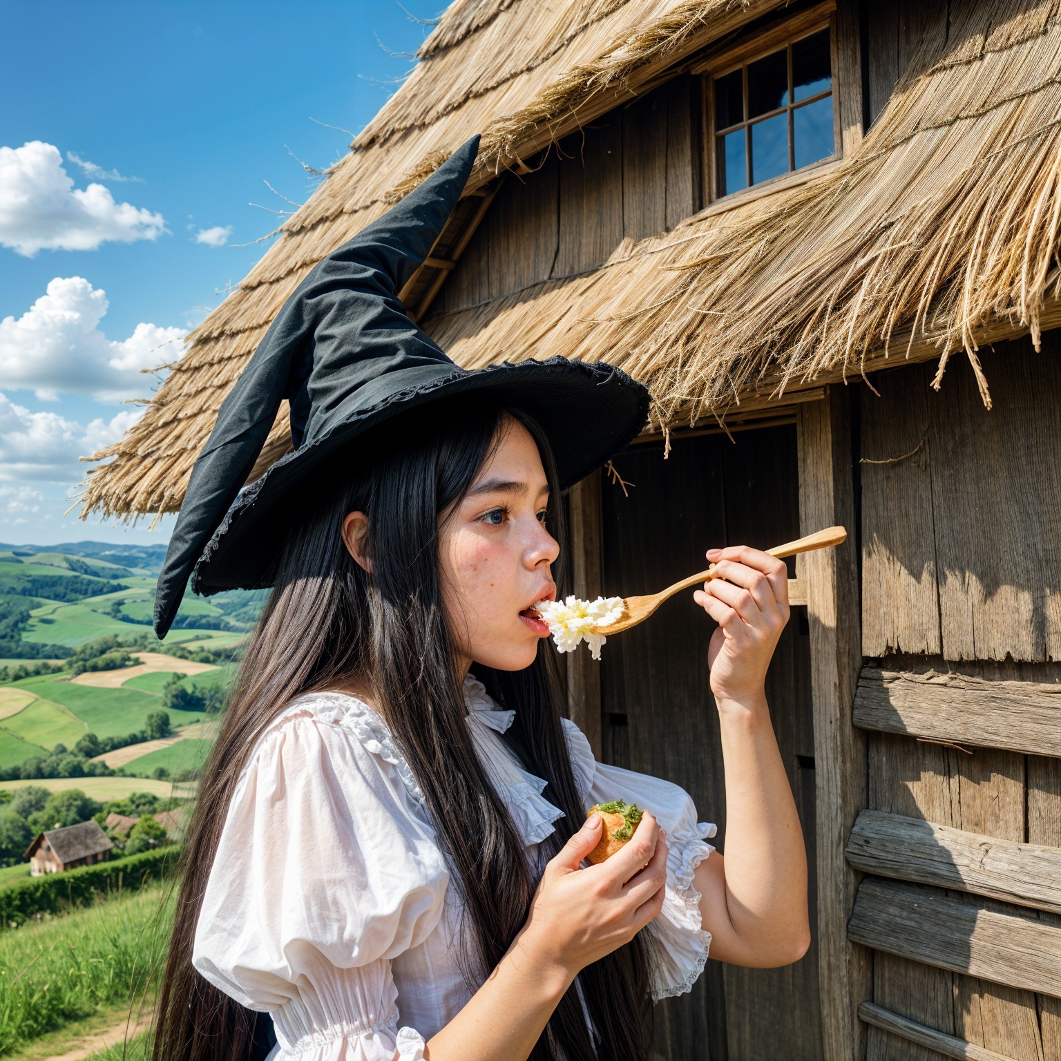 Young woman in witch hat outside rustic wooden house