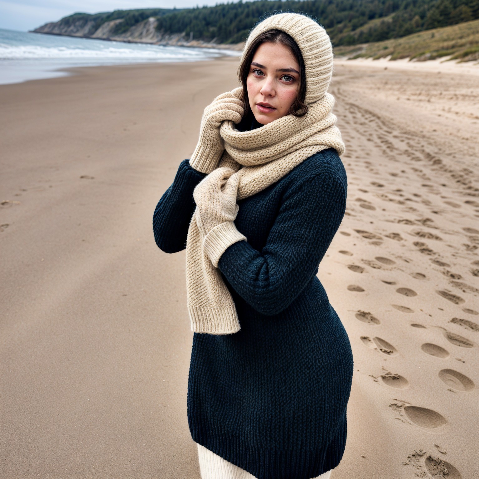 Young Woman on Serene Beach in Cozy Attire