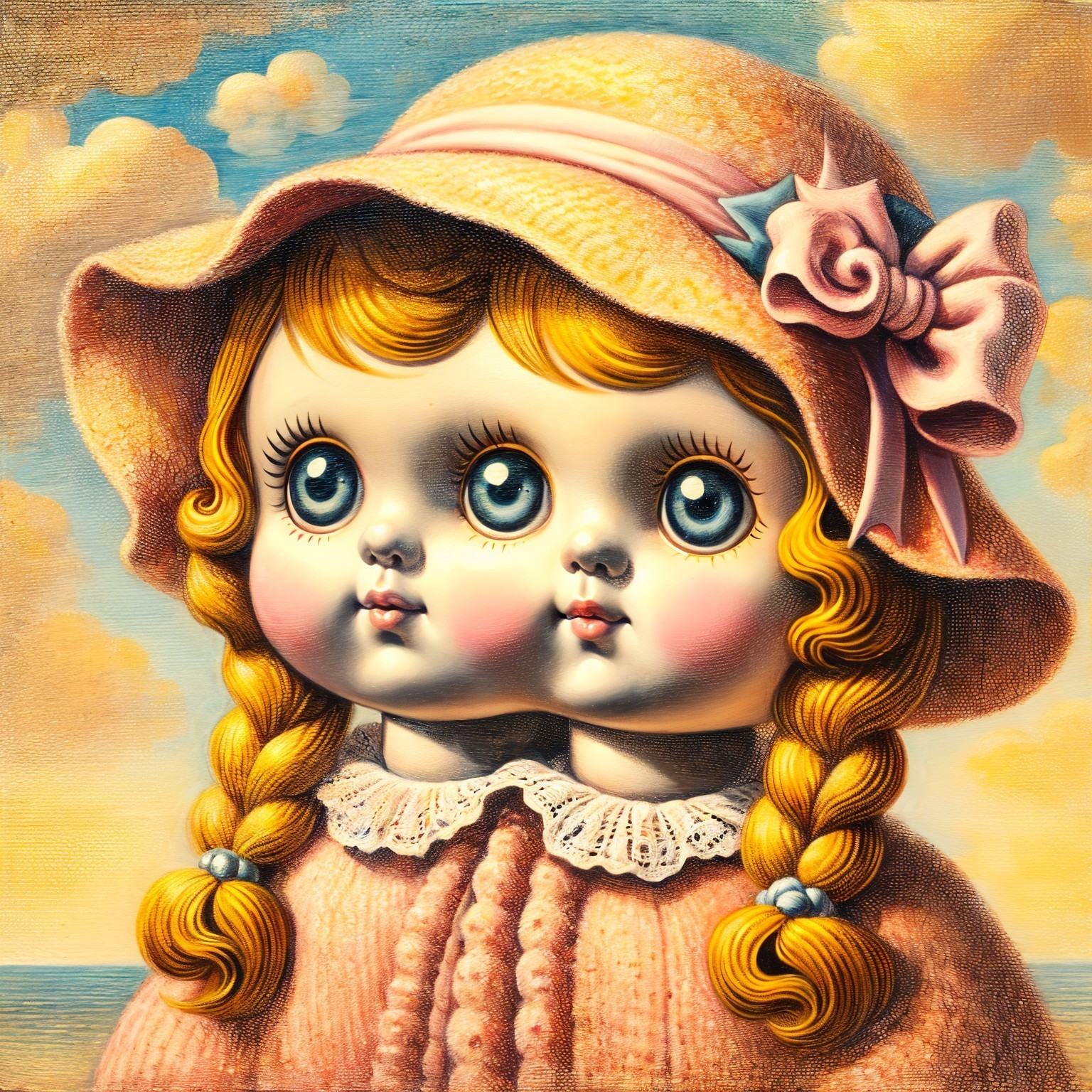 Whimsical Painting of Identical Dolls in Pastel Dresses