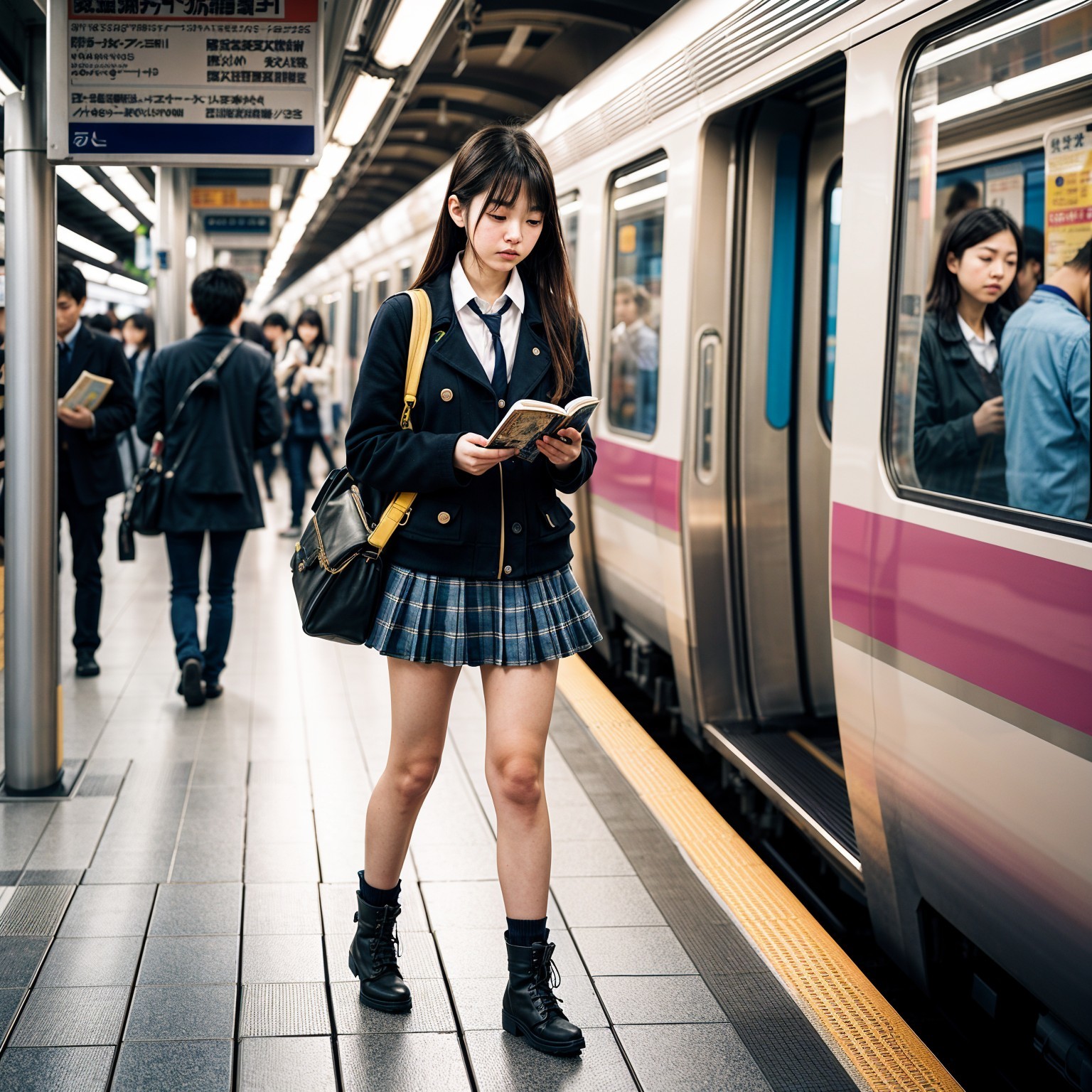 Young Woman in School Uniform at Busy Train Station