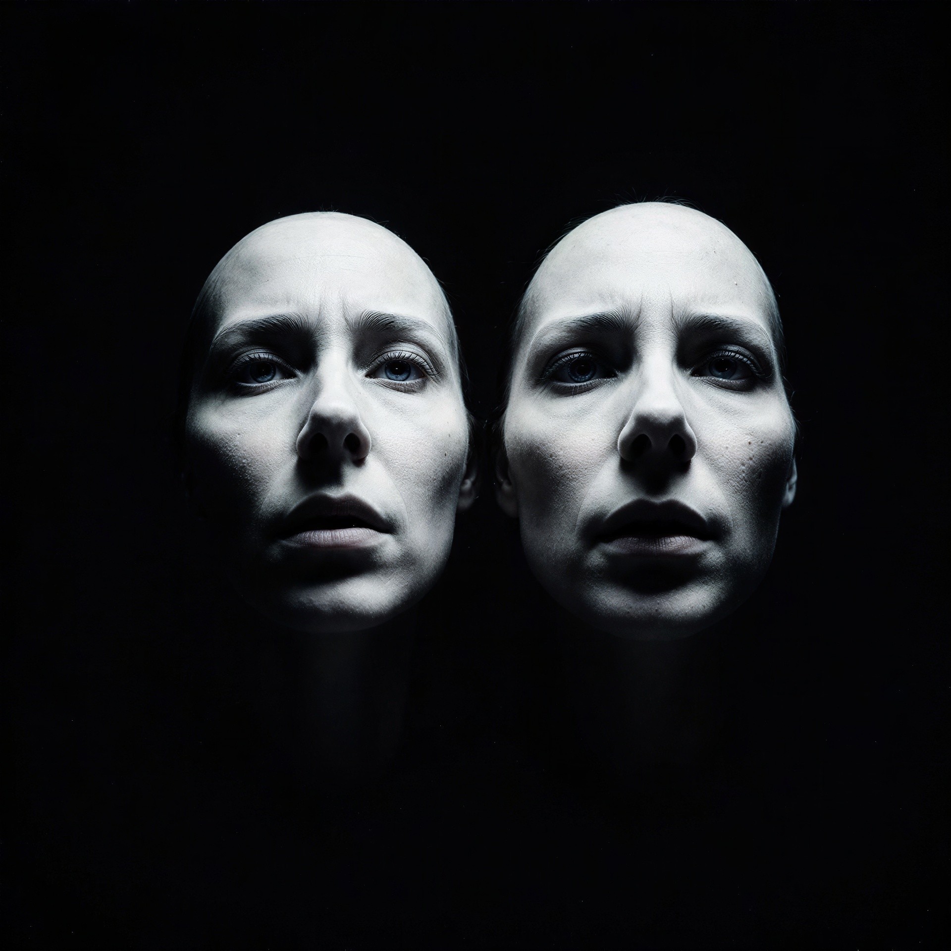 Close-up of Pale Bald Women with Eerie Features