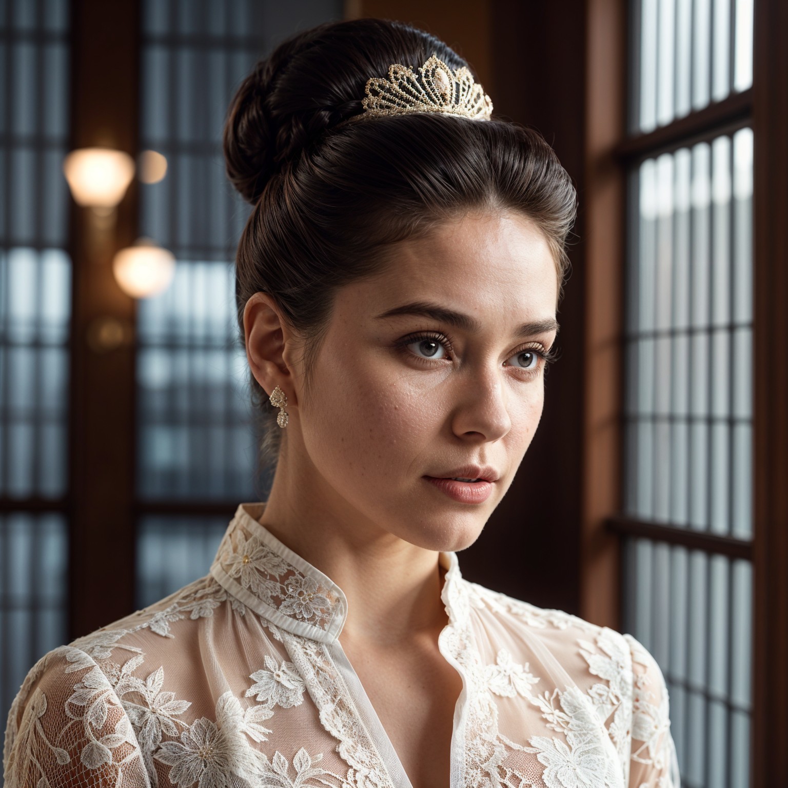 Elegant Young Woman in Lace Blouse and Tiara
