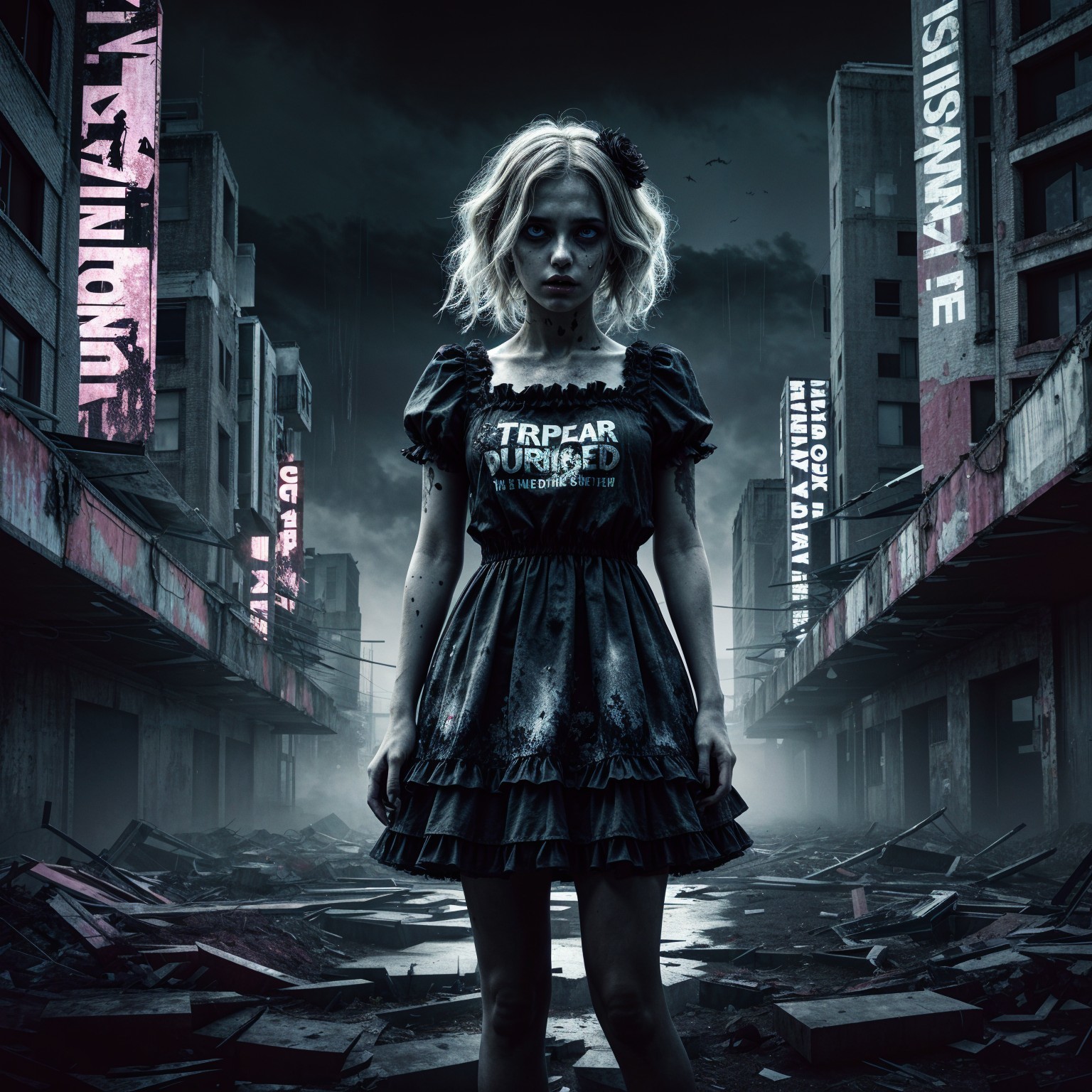 Desolate Urban Landscape with Girl in Black Dress