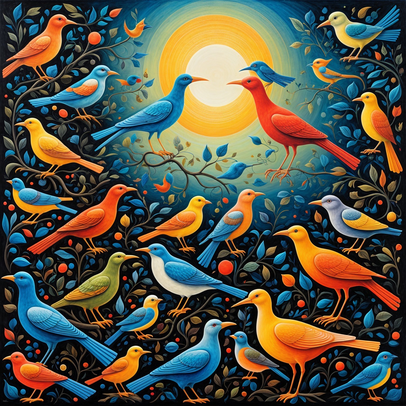 Colorful Birds Among Abstract Foliage and Sunlight