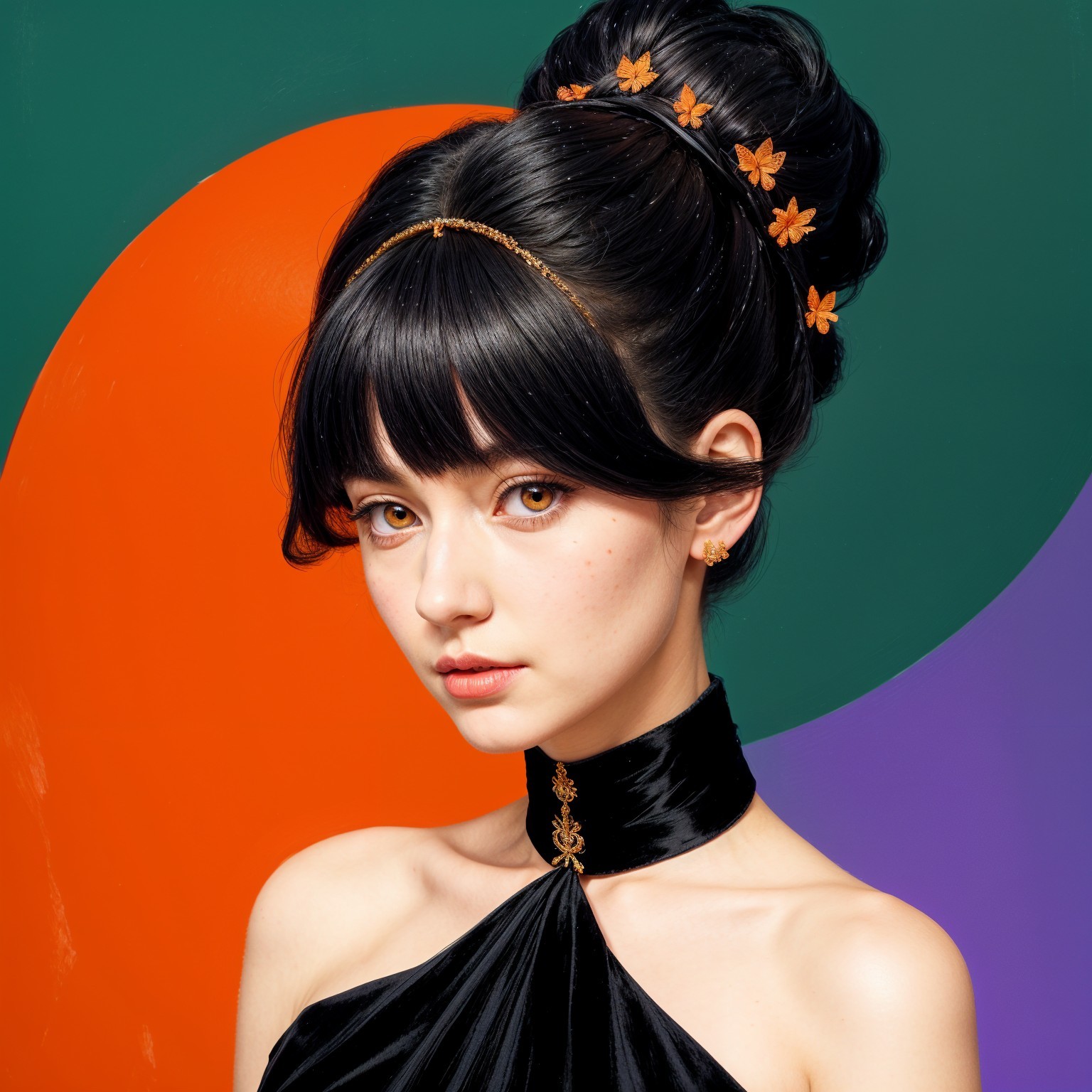 Young woman with floral updo and bold outfit