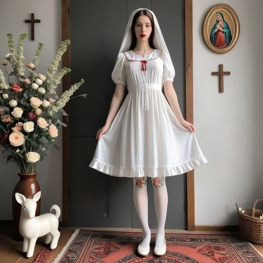 Young woman in white dress with red ribbon in cozy room