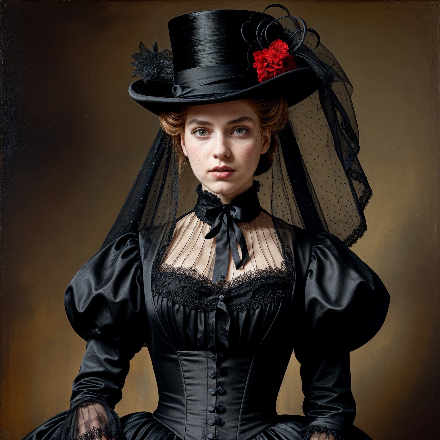Elegant young woman in vintage black gown and hat
