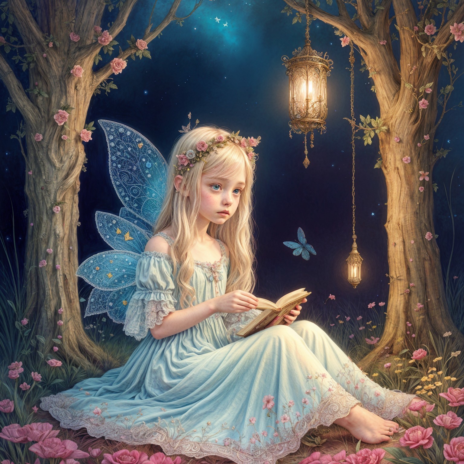 Whimsical Forest Scene with Fairy and Flowers