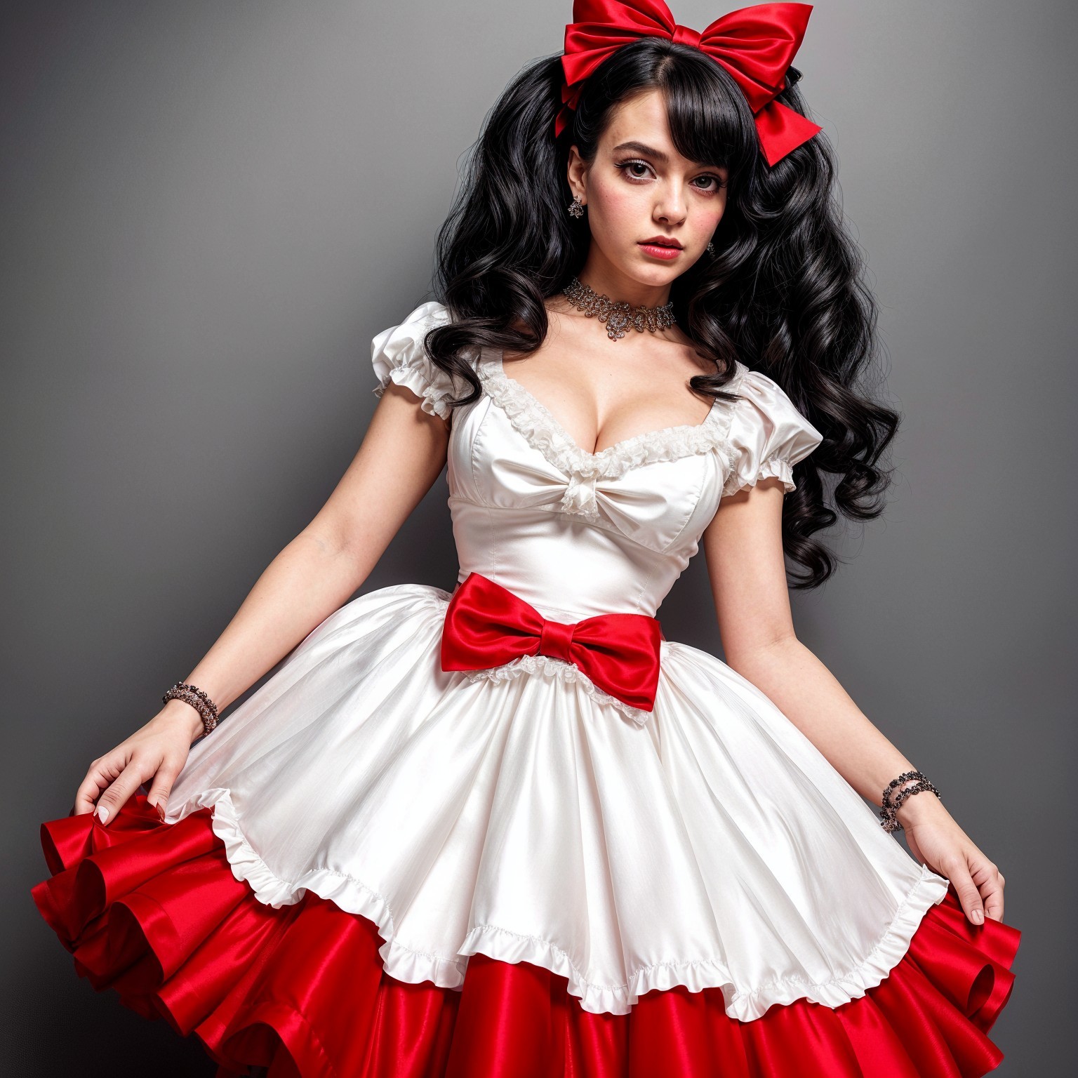 Vintage-inspired outfit with playful red skirt and bow