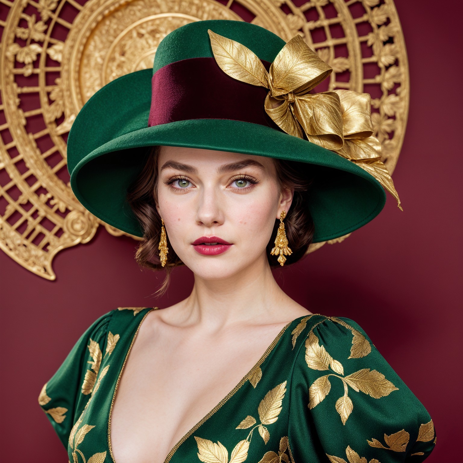 Elegant Woman in Green Hat and Dress Against Burgundy Wall