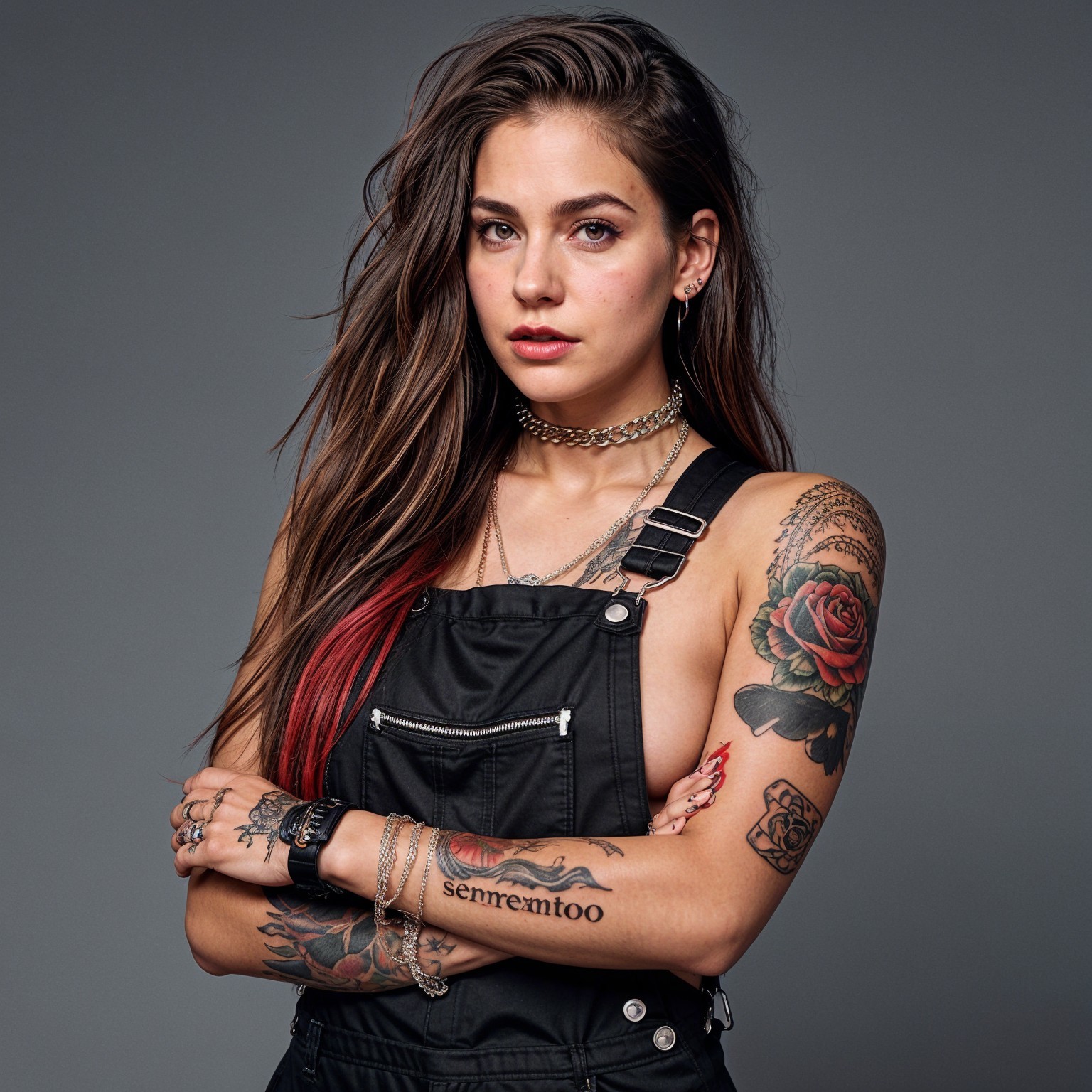Confident Young Woman with Tattoos in Black Overalls