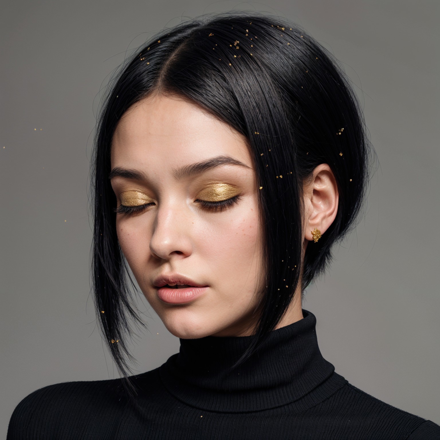 Young Woman with Bob Hairstyle and Golden Eyeshadow