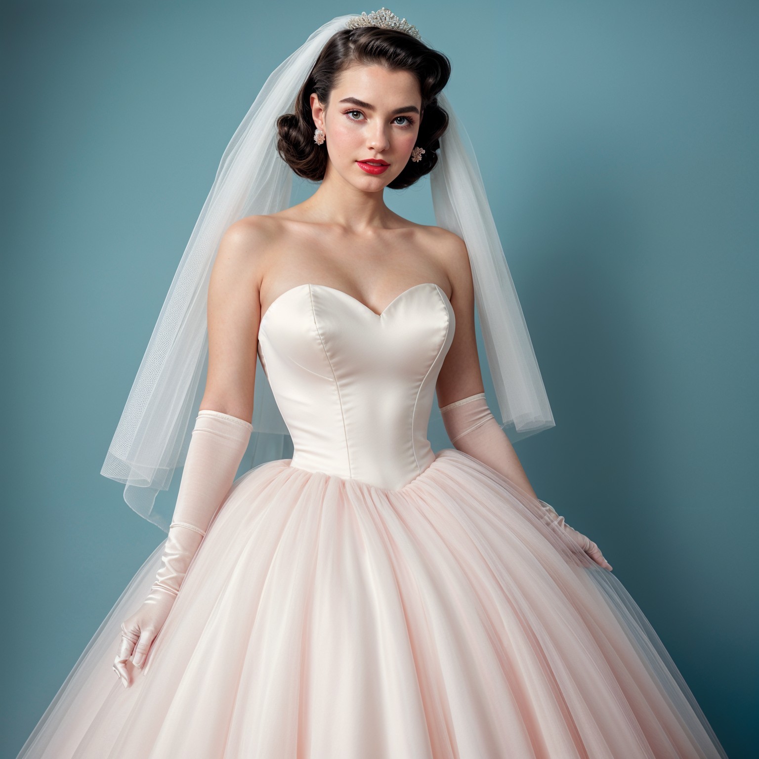 Elegant Bride in Strapless Gown with Pastel Backdrop