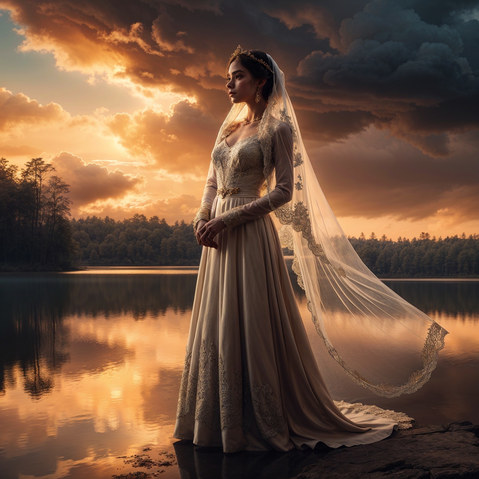 Woman in wedding gown by tranquil lake at sunset