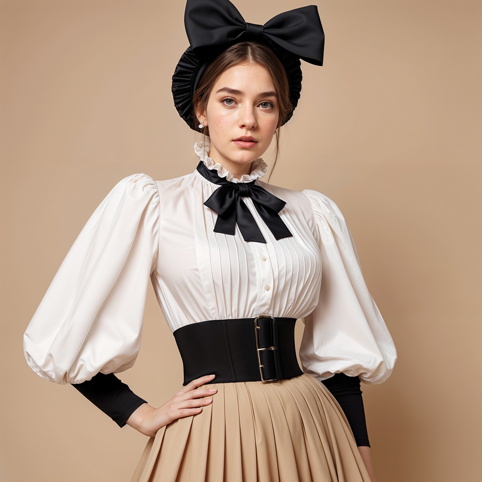 Chic Outfit with Puffed Sleeves and Bow Tie Details