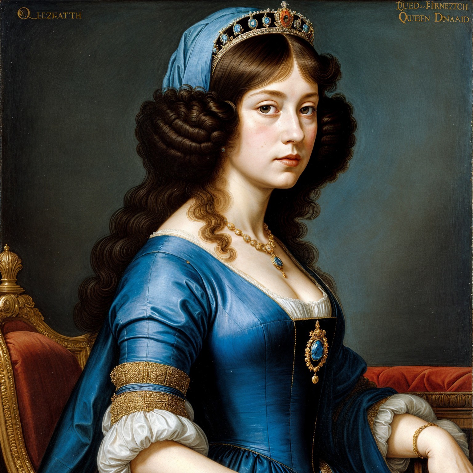 Regal portrait of a woman in blue gown with gold details