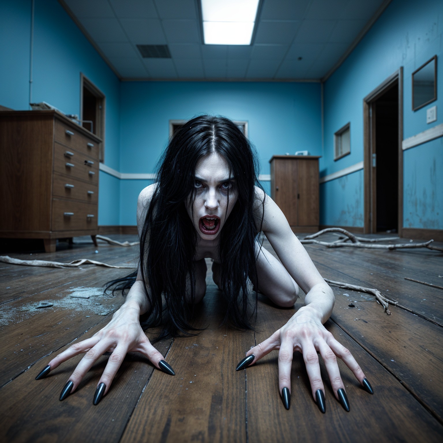 Haunting Presence in an Abandoned Room with Blue Walls