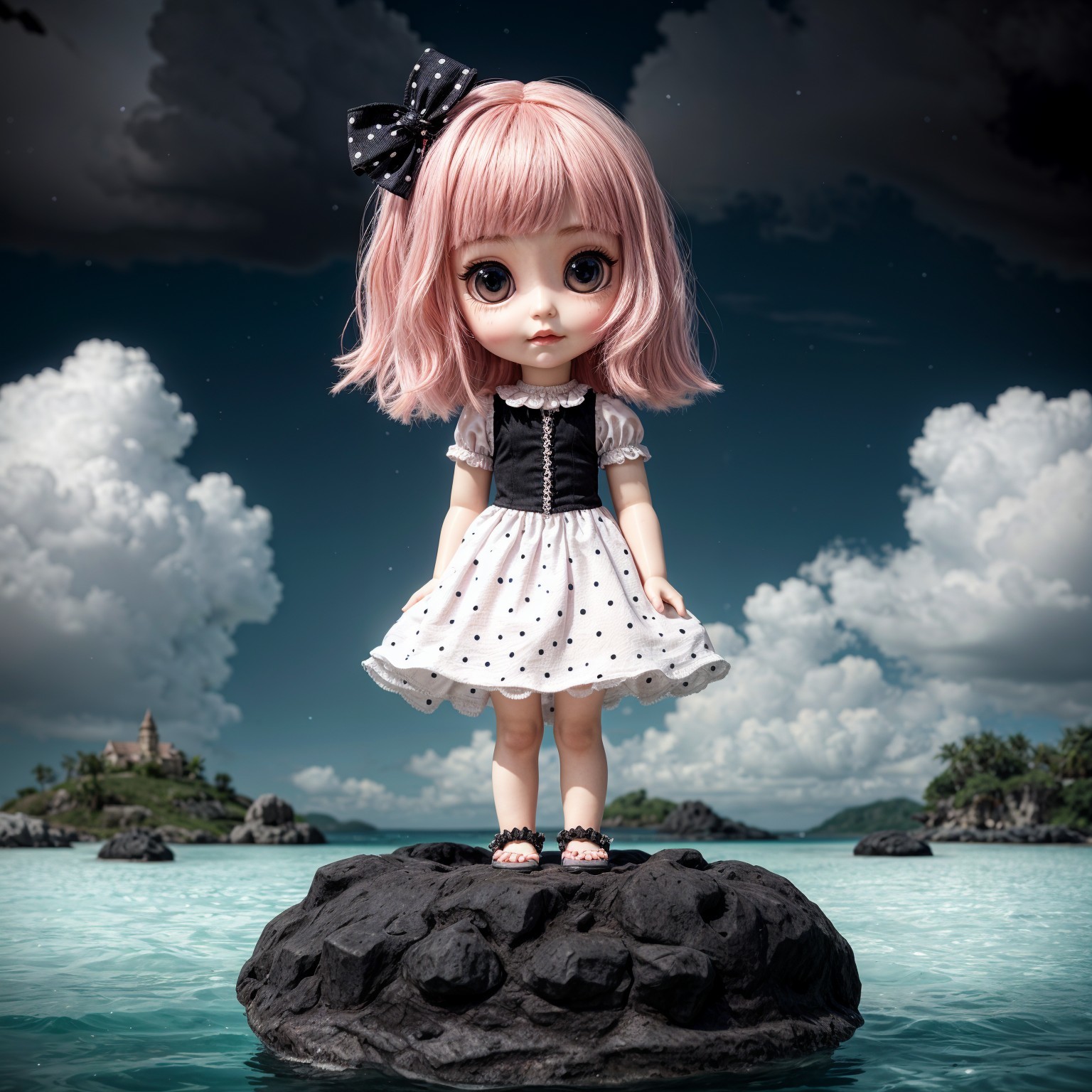 Doll in Polka-Dot Dress by Tranquil Sea and Island
