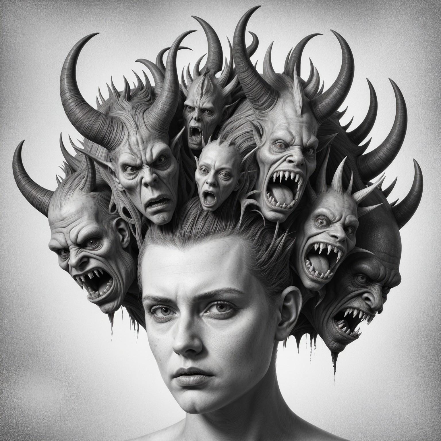 Young woman with chaotic headdress of monstrous faces