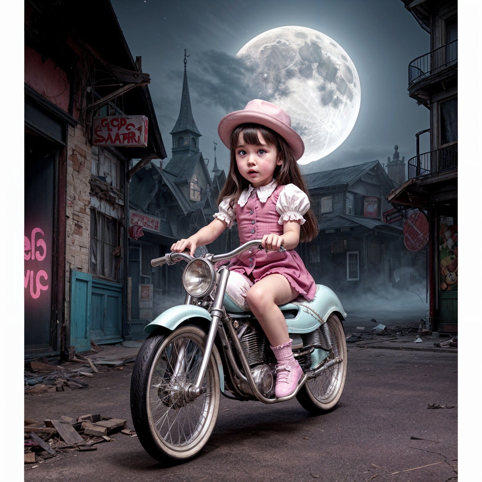 Young girl in vintage outfit on classic motorcycle