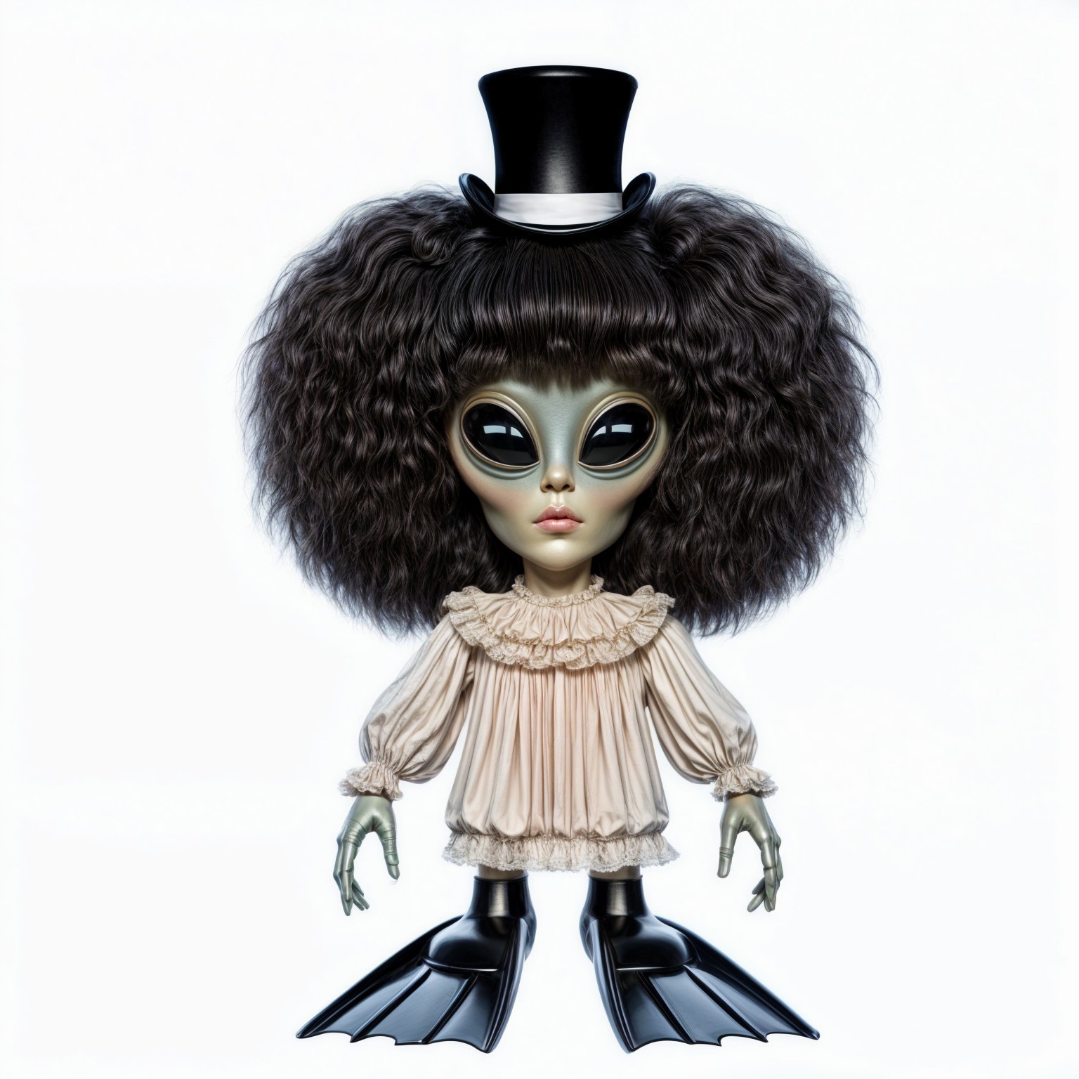 Whimsical Alien Doll with Vintage Dress and Top Hat