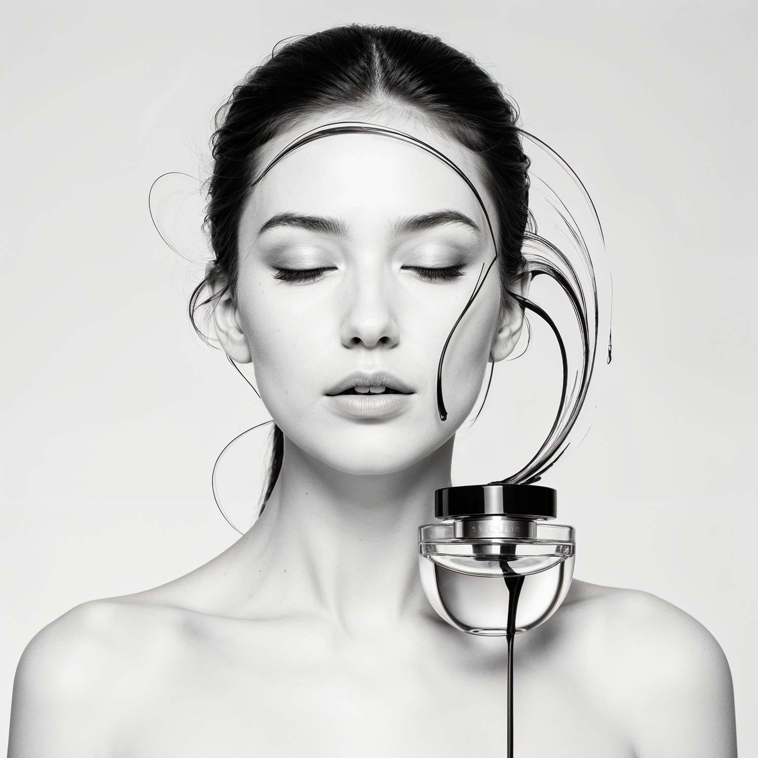 Close-up of a serene model with elegant perfume bottle