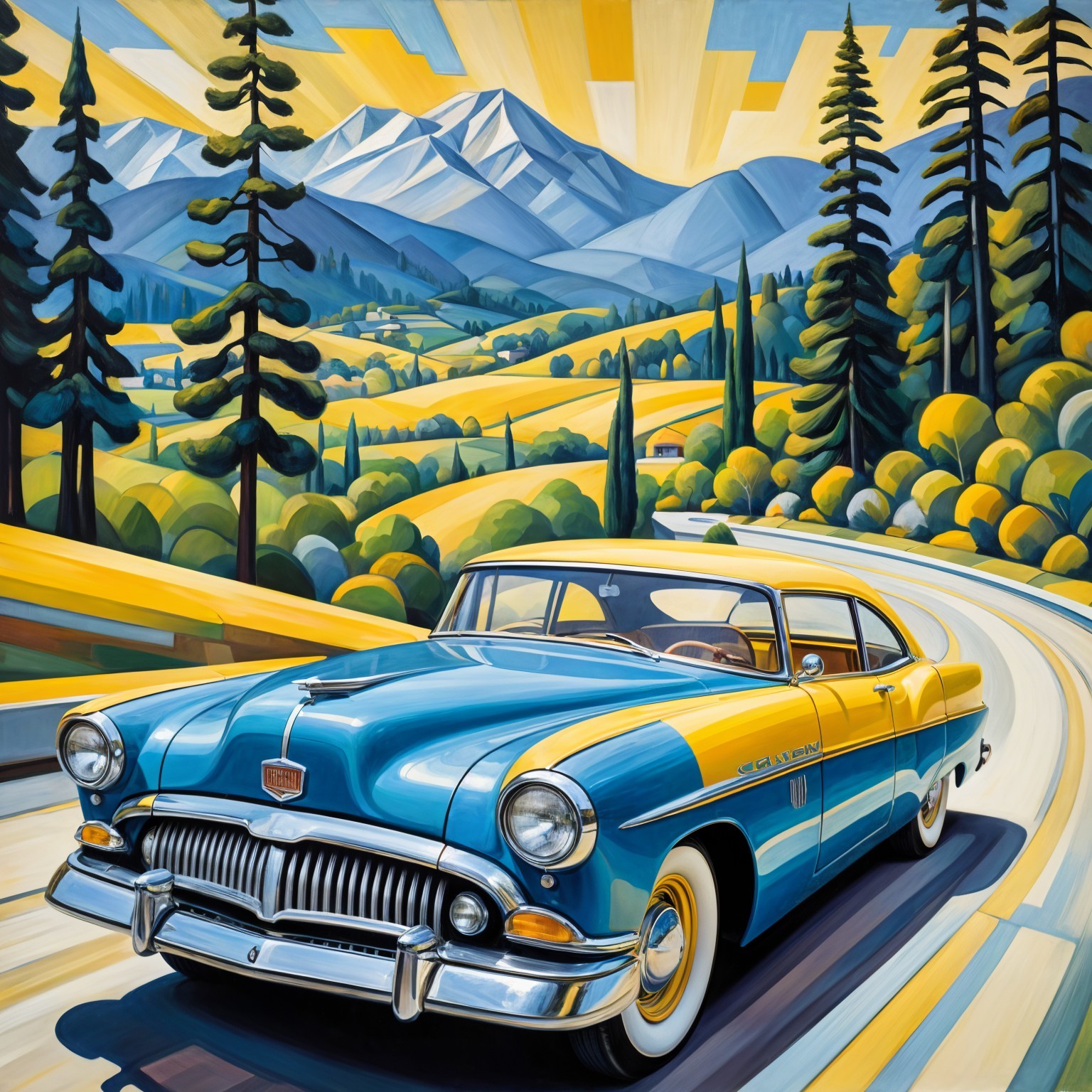 Retro Scene of Classic Car on Winding Road