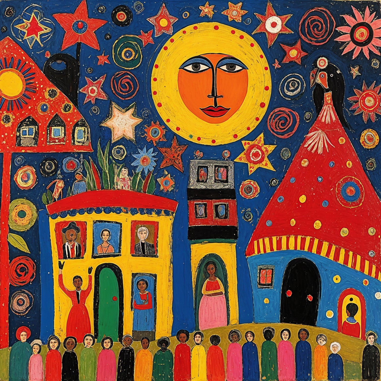 Whimsical Night Scene with Colorful Houses and Sun