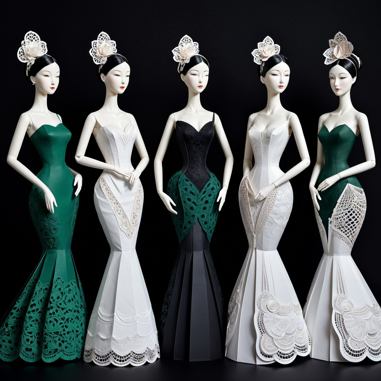 Elegant Fashion Dolls in Intricate Gowns Displayed