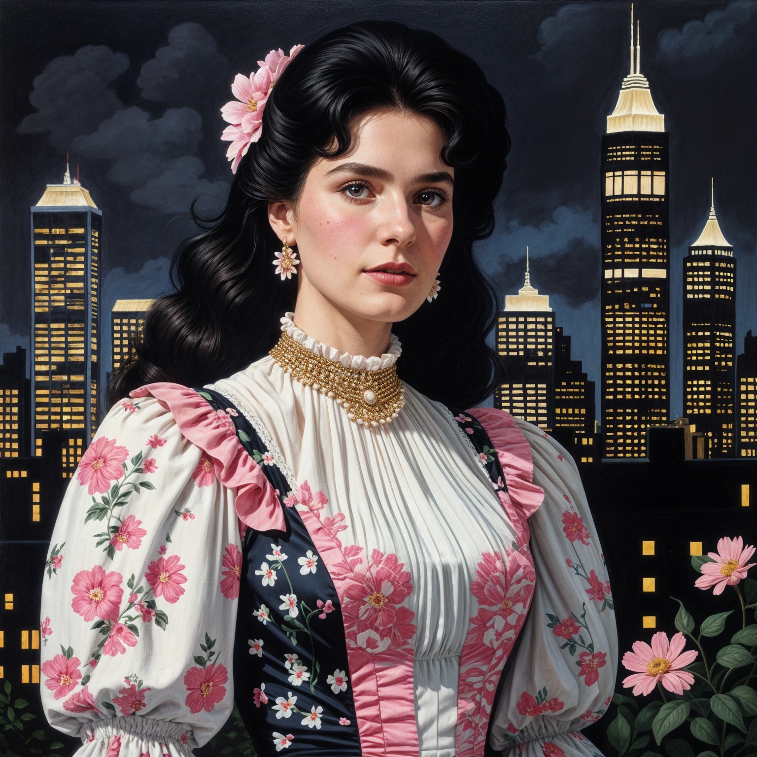 Young woman in floral blouse against city skyline
