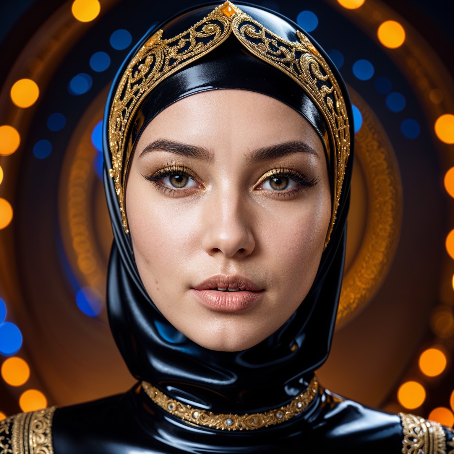 Young woman in black hijab with golden details and bokeh