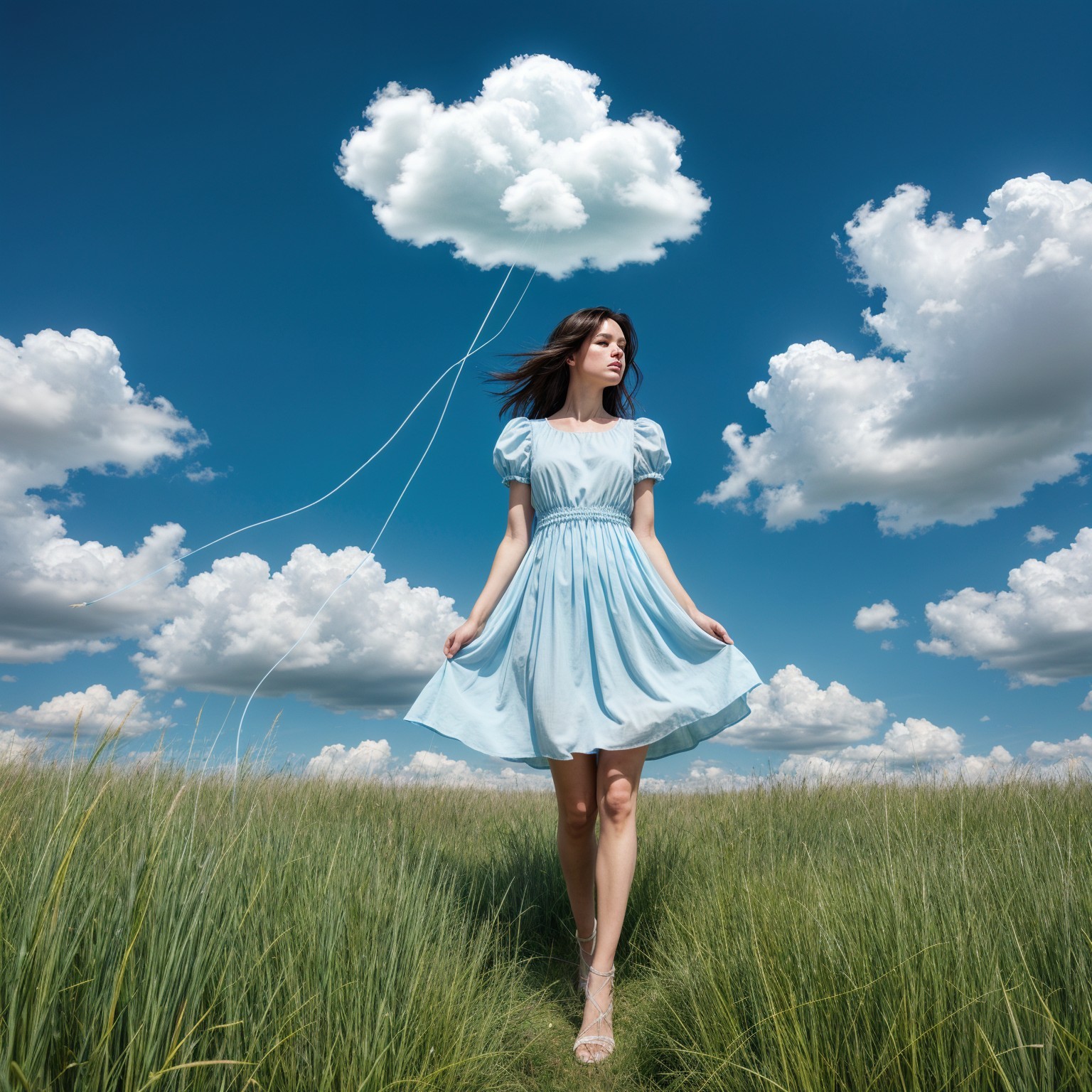 Young woman in blue dress in a green field scene