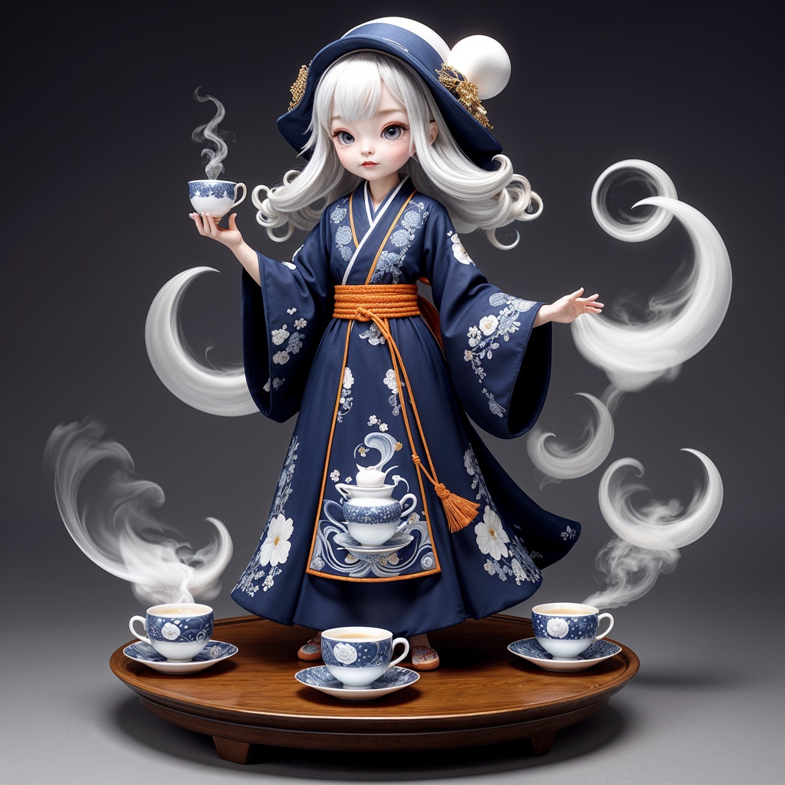 Elegant Doll in Blue Kimono on Wooden Tray