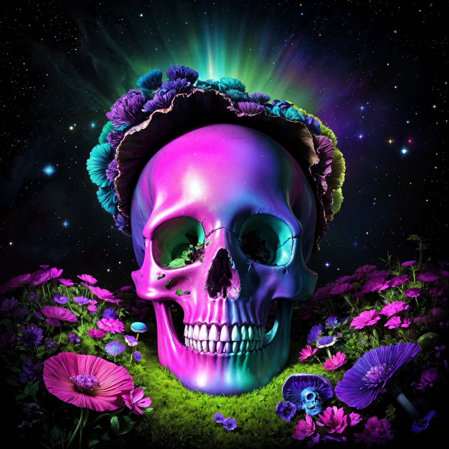 Surreal Purple Skull with Floral Crown in Cosmic Scene