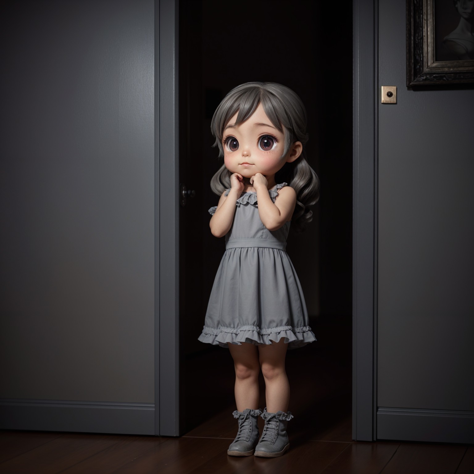 Cartoonish girl in gray dress at a dim doorway