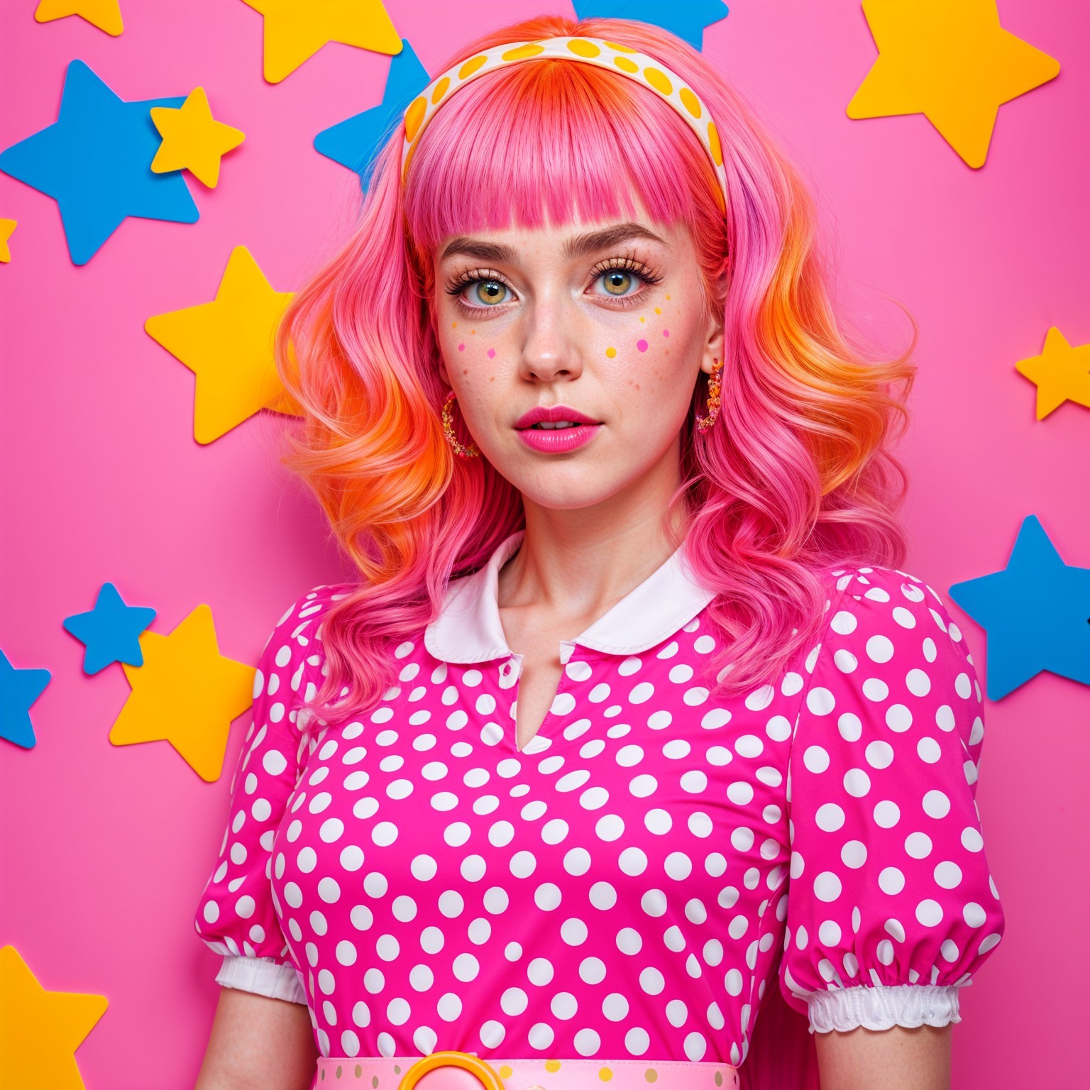 Young woman with pink and orange hair in polka dots