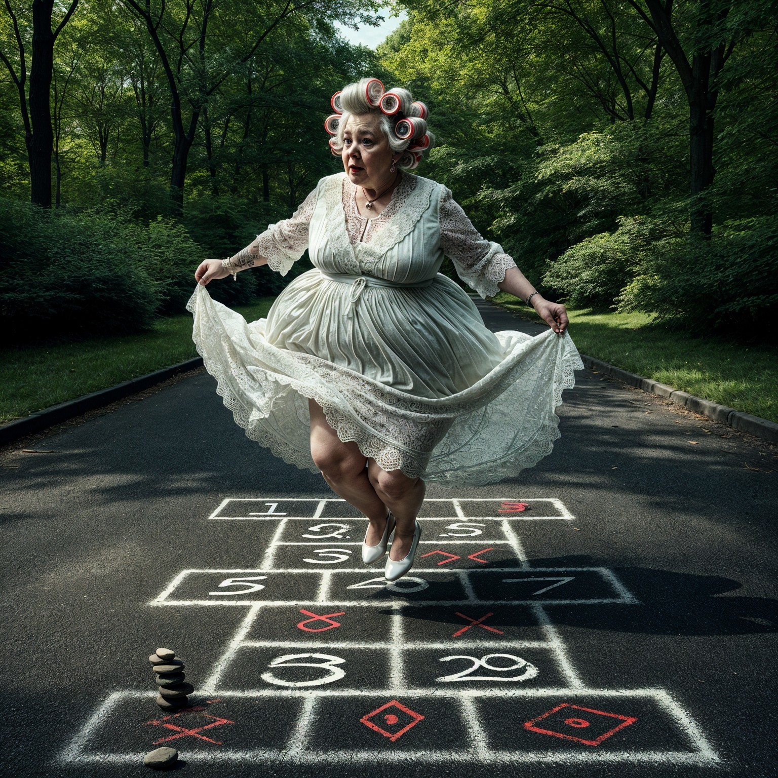 Woman in Vintage Lace Dress Hops on Chalk Hopscotch