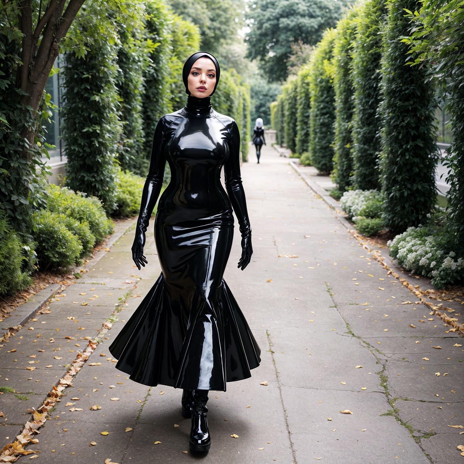 Model in Black Latex Gown on Leafy Pathway