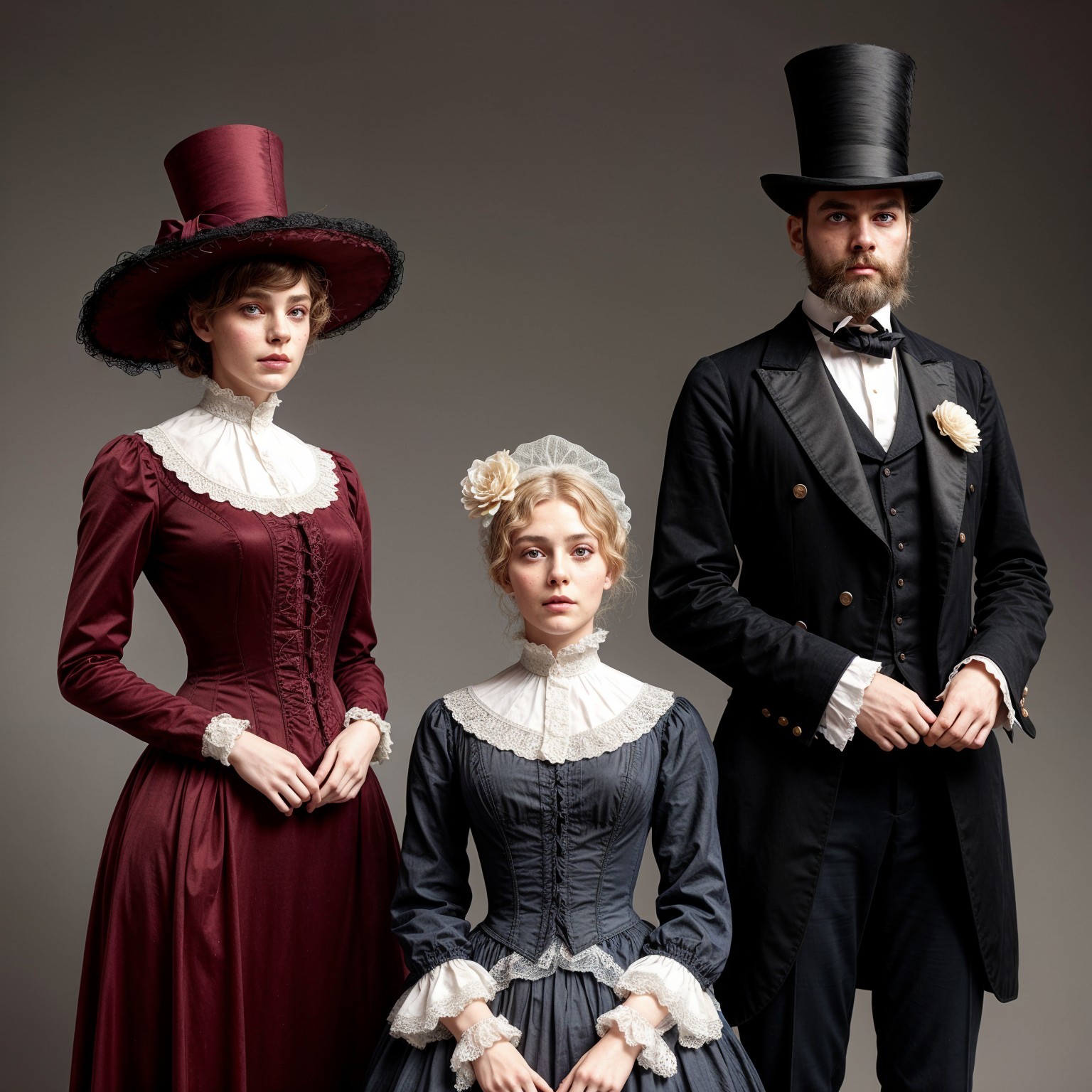 Victorian-era fashion with elegantly dressed trio