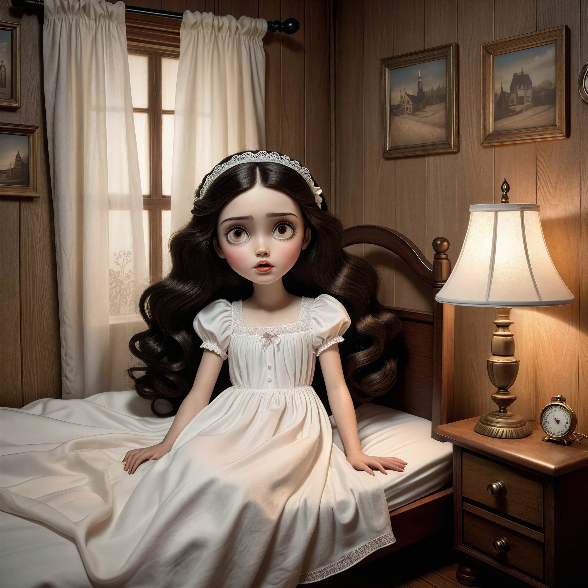 Porcelain Doll in Dollhouse Bedroom Setting