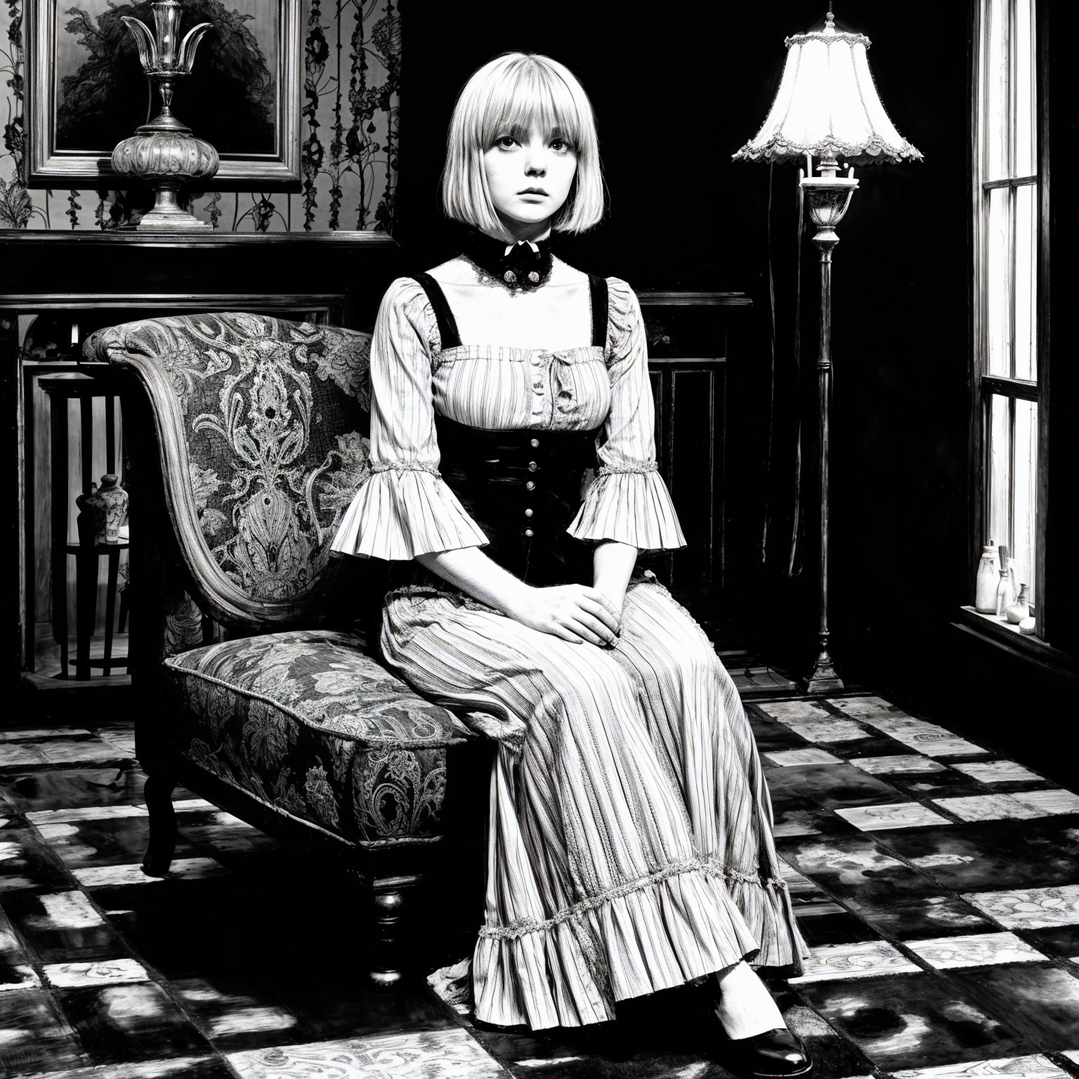 Life-sized doll on vintage chair in dimly lit room