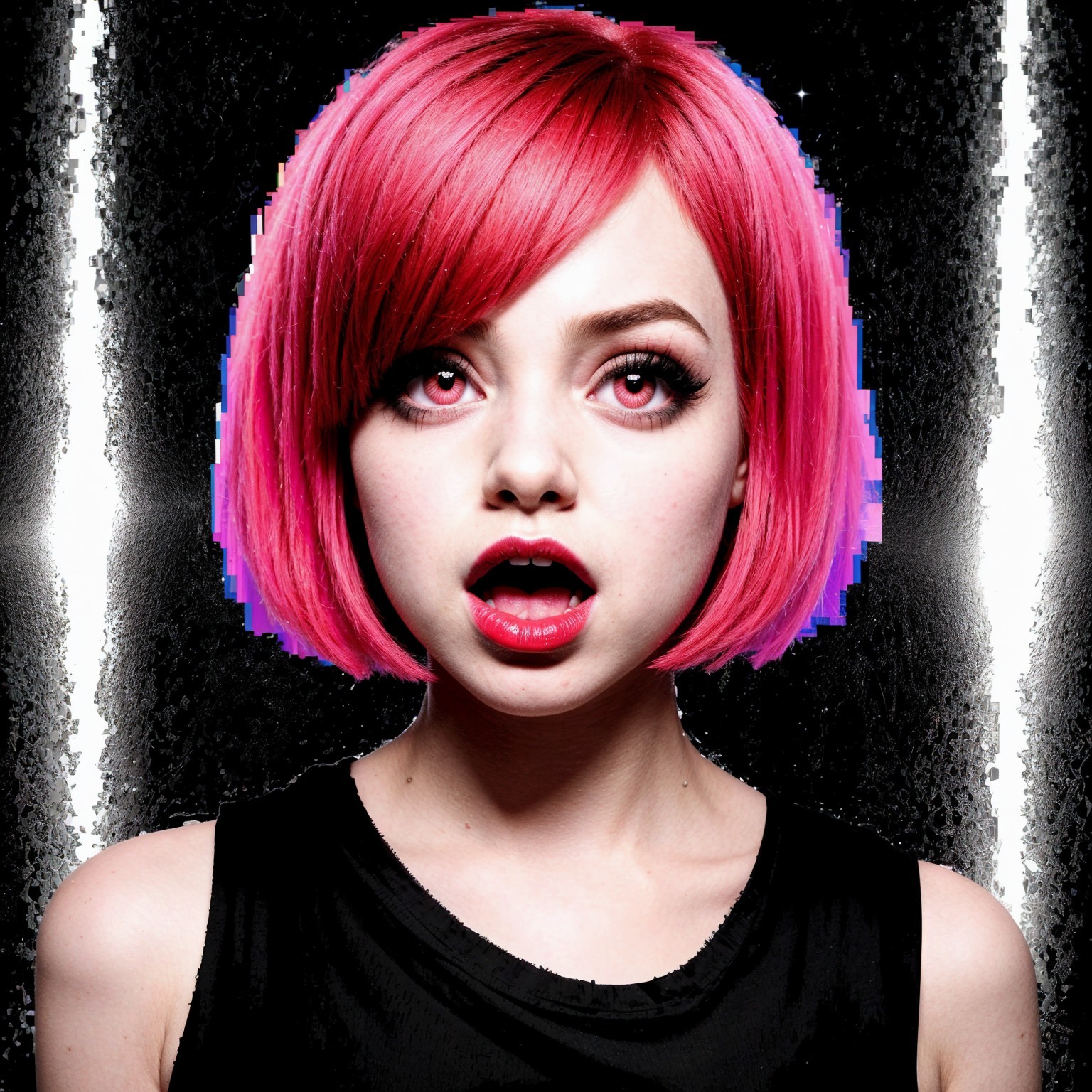 Young woman with pink bob hair and red lipstick